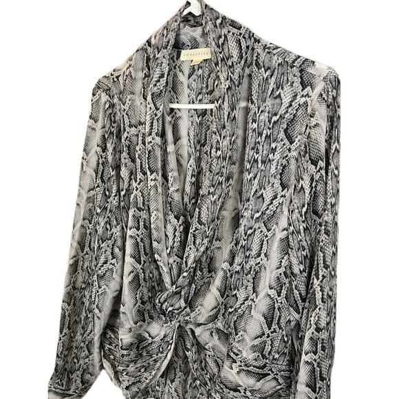 Lovestitch Snake Print Wrap Blouse LARGE Black Ivory Hi-Low Flowy Sheer Boho - Picture 1 of 7